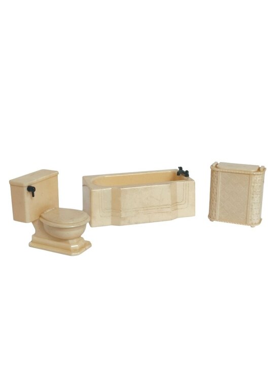 Tomy Other - Vtg Tomy Dollhouse Bathroom Set Toilet Bathtub Hamper Beige Plastic 1950s